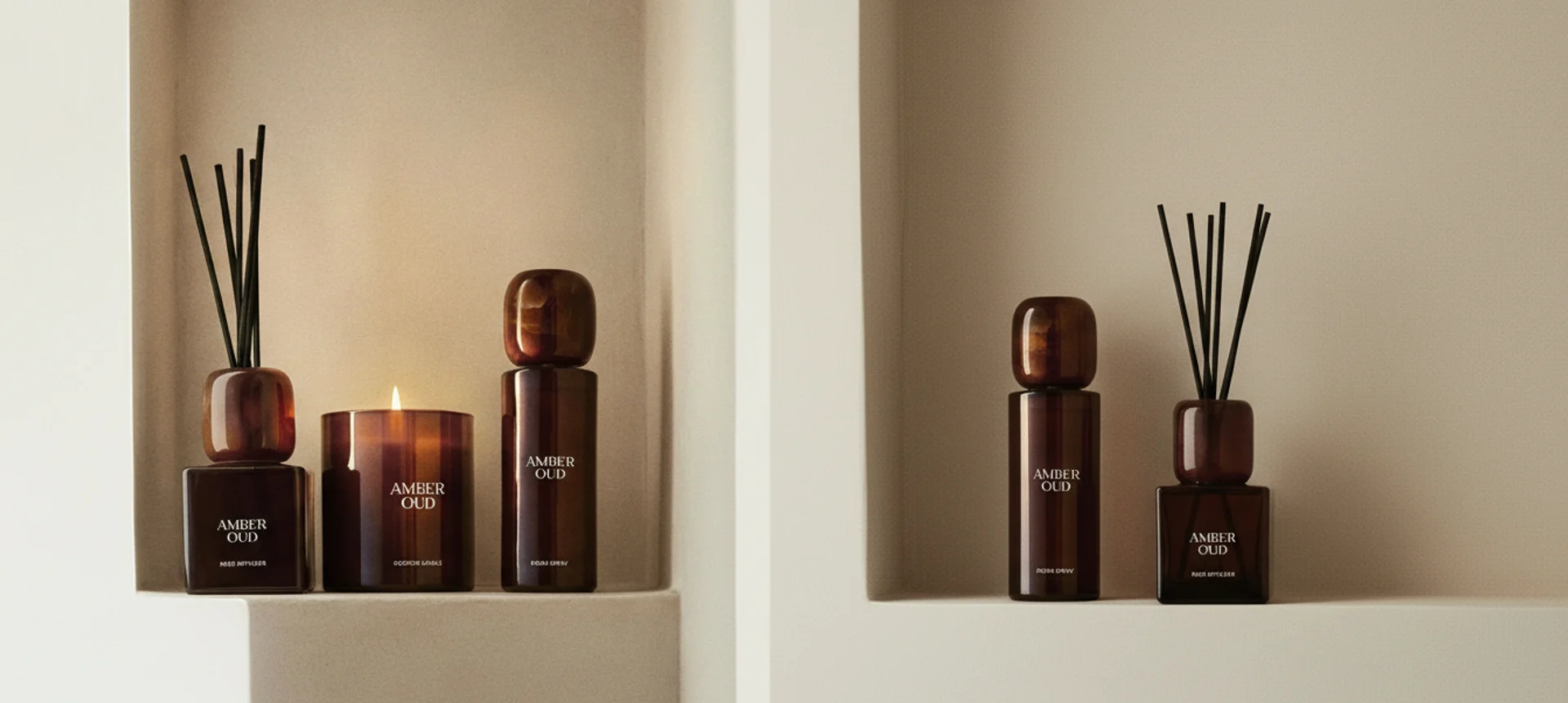 Nicho con difusores Amber Oud, vela y varillas — sistema Tailored Your B&B