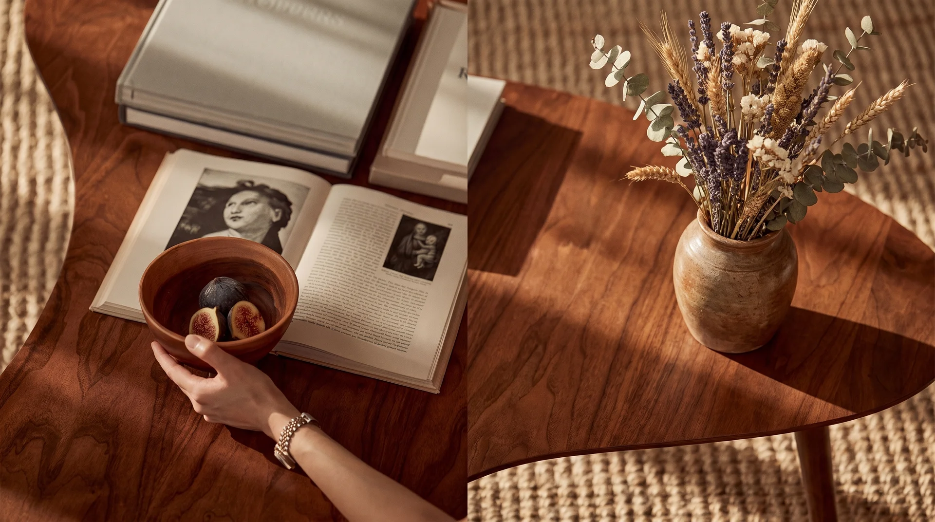 Bowl cerámico con higos y libros sobre mesa de madera y ramo de flores secas al lado — bodegón editorial de Tailored Your B&B de Beet & Bloom
